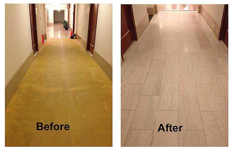 Historical building limestone floor before and after restoration Historical building limestone floor before and after restoration