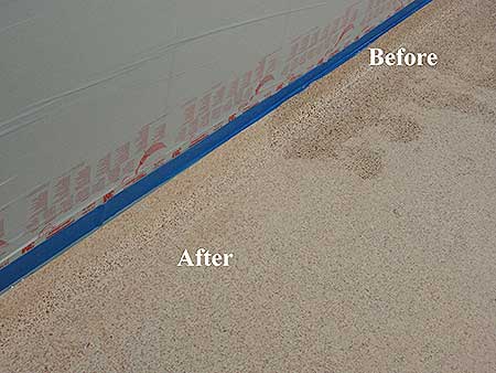Terrazzo floor correction and restoration using International Stoneworks, Inc products and materials. Terrazzo Floor Before and After Correction
