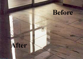 White marble floor before and after polished with Marbrofin X. Before and after marble floor restoration