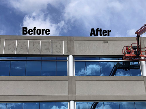 Exterior limestone restoration with stain removal from signage - Before and After