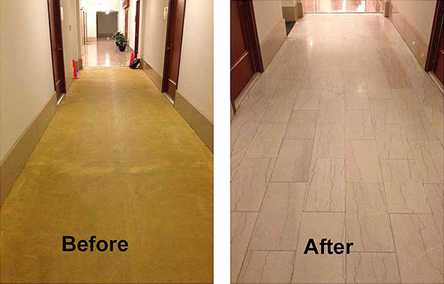 Historical building limestone floor before and after restoration